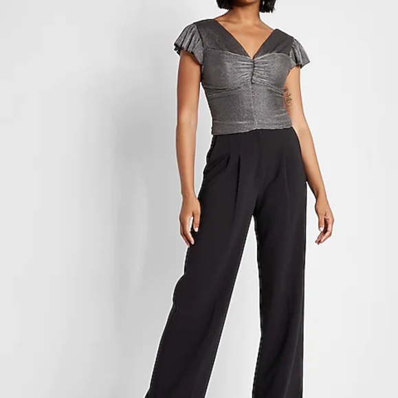 Express Metallic Pleated Flutter Sleeve Cropped Top Size Small - Picture 3 of 6